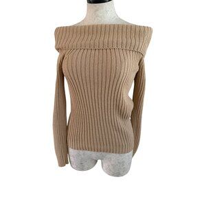 Sisley Womens Size Medium Tan Cotton Round Neck Off Shoulder Knit Sweater New